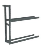 Metal shelving frame with a dark gray finish, featuring two vertical beams and two horizontal beams on each side. The frame is freestanding and has holes for adjustable shelving. The design is minimalistic and industrial.