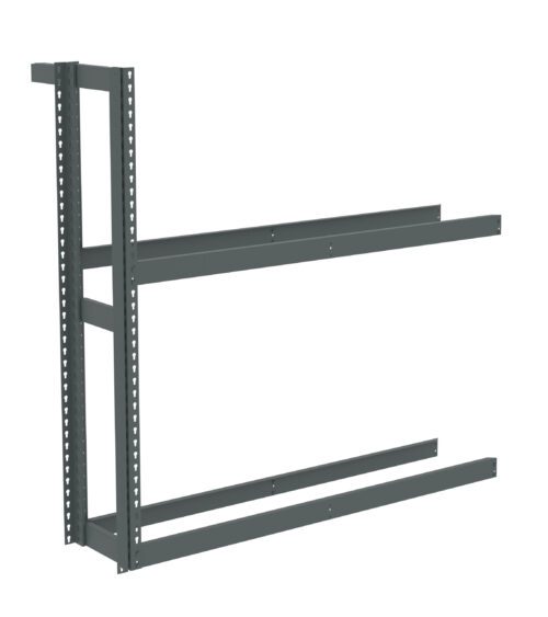 Metal shelving frame with a dark gray finish, featuring two vertical beams and two horizontal beams on each side. The frame is freestanding and has holes for adjustable shelving. The design is minimalistic and industrial.