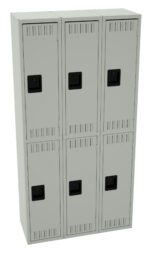 A gray metal locker unit with six individual compartments, arranged in two rows of three. Each locker has a black handle and small ventilation slits at the top and bottom.