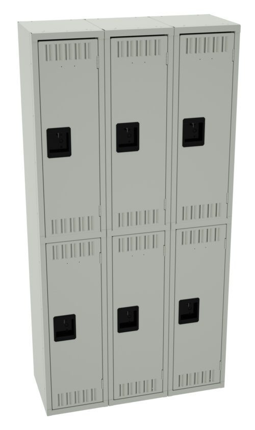 A gray metal locker unit with six individual compartments, arranged in two rows of three. Each locker has a black handle and small ventilation slits at the top and bottom.