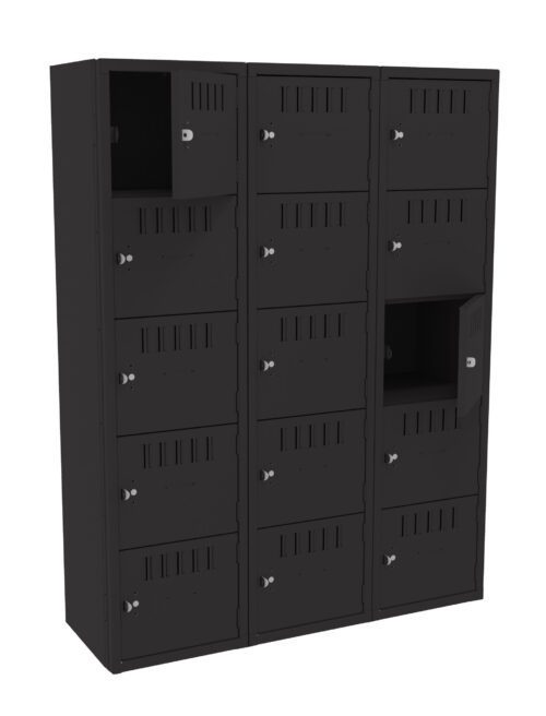A row of three black metal locker units with four compartments each. The middle unit has a top compartment and a third compartment open, showing the interior. The lockers have vented doors and small handles.