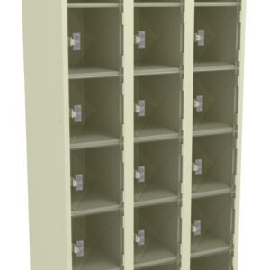 A beige, three-column storage locker with clear doors. Each column contains five compartments, making a total of fifteen compartments. The locker is designed for organized storage and display of items.