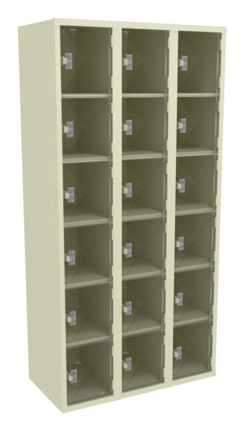 wkdaer0pg9c4nupcoen0.jpg A beige, three-column storage locker with clear doors. Each column contains five compartments, making a total of fifteen compartments. The locker is designed for organized storage and display of items.