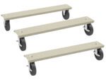 Three beige rectangular metal bars each mounted with two black swivel caster wheels. The casters are displayed at varying angles, with metal brackets connecting them to the bars. The setup suggests mobility and support for carrying items.