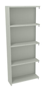 A tall, empty metal bookshelf with five adjustable shelves. The shelf is light gray and has side perforations for shelf adjustment. The design is simple and utilitarian, suitable for storing books or office supplies.