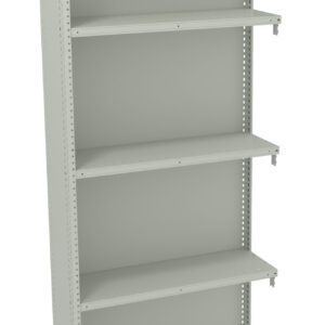 A tall, empty metal bookshelf with five adjustable shelves. The shelf is light gray and has side perforations for shelf adjustment. The design is simple and utilitarian, suitable for storing books or office supplies.