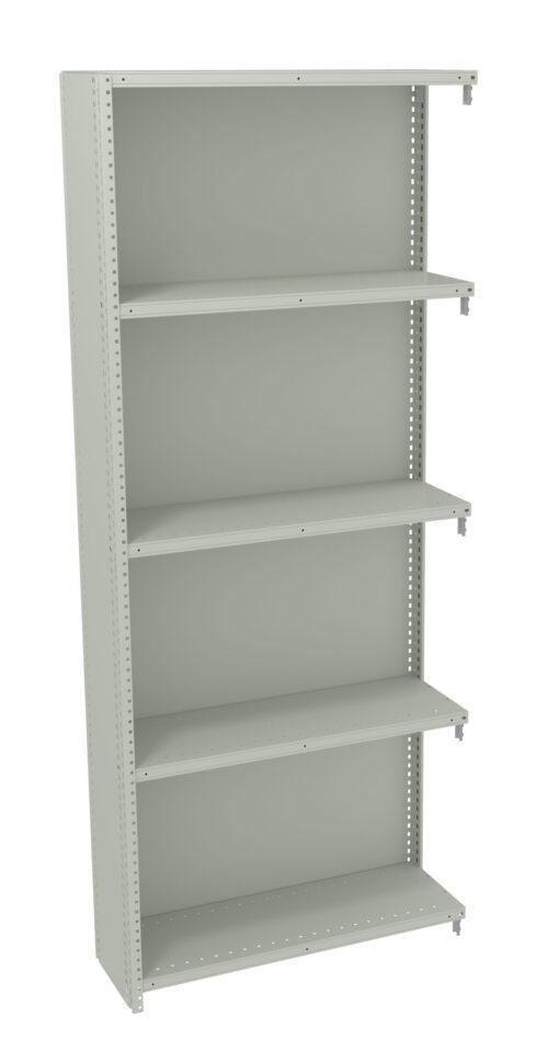 A tall, empty metal bookshelf with five adjustable shelves. The shelf is light gray and has side perforations for shelf adjustment. The design is simple and utilitarian, suitable for storing books or office supplies.