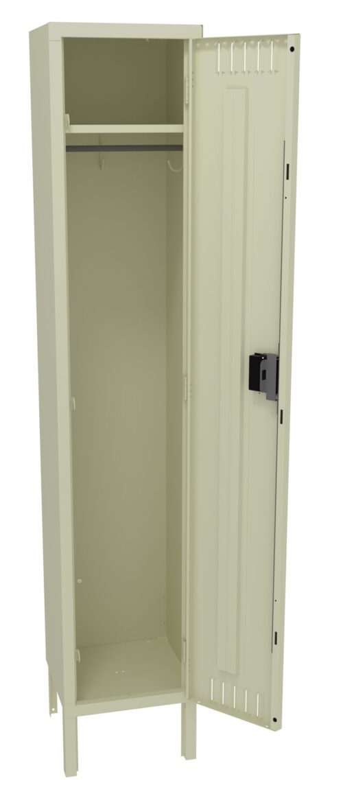 An open beige metal locker with one door ajar, revealing an empty interior. Inside, there is a single horizontal shelf near the top. The locker has a small adjustable vent on the door and stands on four legs.
