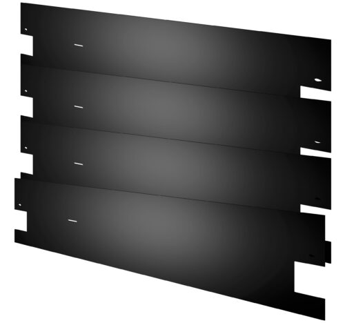Four black metal panels are aligned vertically, each with notches on the sides and small holes near the center. They appear as components possibly used for assembly in larger structures or devices. The background is white.