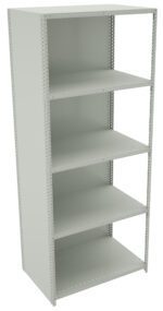 A tall, light gray metal shelving unit with five adjustable shelves. The shelves are empty, and the unit has a simple, utilitarian design with perforated edges for flexible shelf positioning.
