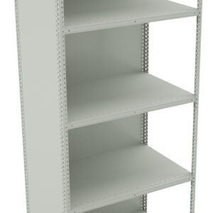 A tall, light gray metal shelving unit with five adjustable shelves. The shelves are empty, and the unit has a simple, utilitarian design with perforated edges for flexible shelf positioning.