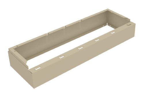 wl6ltnjkzmsk5cgaw2g9.jpg Rectangular beige metal enclosure with open top, featuring notched edges and small cutouts along its sides. Designed for housing or protecting electronic components or cables.