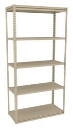 A beige metal shelving unit with five adjustable shelves. The structure has perforated side beams, allowing shelf customization. The design is simple and functional, ideal for storage in a garage, basement, or office.
