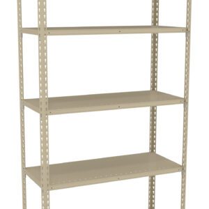 A beige metal shelving unit with five adjustable shelves. The structure has perforated side beams, allowing shelf customization. The design is simple and functional, ideal for storage in a garage, basement, or office.