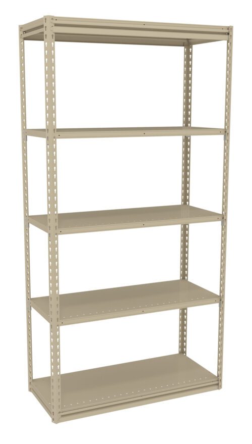 A beige metal shelving unit with five adjustable shelves. The structure has perforated side beams, allowing shelf customization. The design is simple and functional, ideal for storage in a garage, basement, or office.