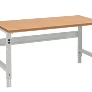 A rectangular workbench with a wooden top and adjustable metal legs. The legs are gray, featuring multiple bolt holes for height adjustment. The design is simple and functional, suitable for workshops or garages.