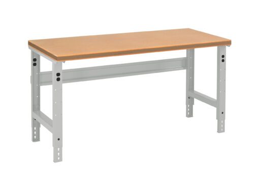 wlg6inkzwliflyckhi3n.jpg A rectangular workbench with a wooden top and adjustable metal legs. The legs are gray, featuring multiple bolt holes for height adjustment. The design is simple and functional, suitable for workshops or garages.