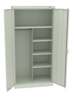 Open metal wardrobe with two doors, featuring a hanging rod on the left and four evenly spaced shelves on the right, all in a light gray color.