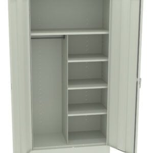 Open metal wardrobe with two doors, featuring a hanging rod on the left and four evenly spaced shelves on the right, all in a light gray color.