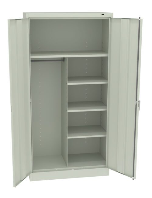 wlpkrmqzrvmrb8nyfdip.jpg Open metal wardrobe with two doors, featuring a hanging rod on the left and four evenly spaced shelves on the right, all in a light gray color.