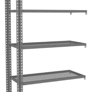 A tall, gray metal shelving unit with perforated shelves and adjustable supports. It features five shelves spaced evenly apart and has a simple, industrial design, suitable for storage or organizational purposes.