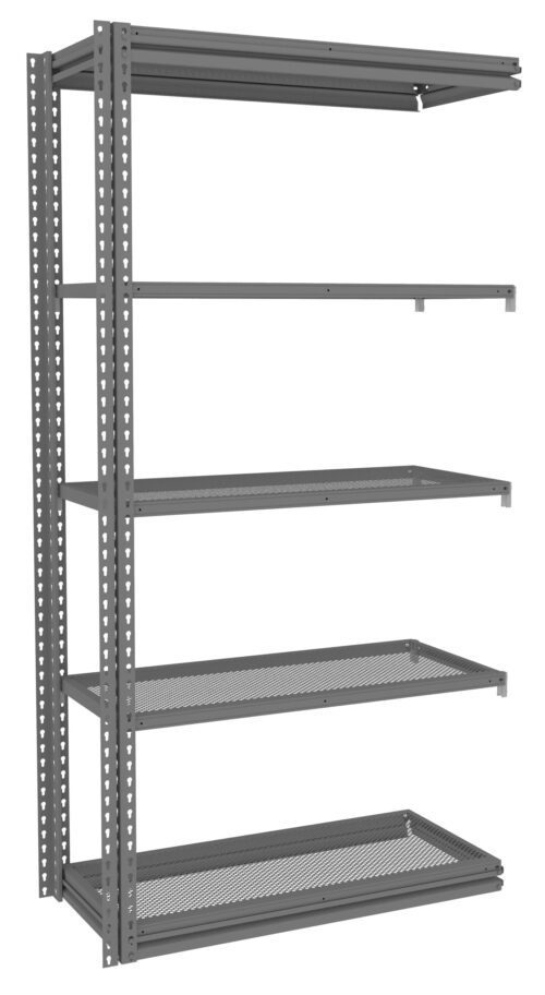 A tall, gray metal shelving unit with perforated shelves and adjustable supports. It features five shelves spaced evenly apart and has a simple, industrial design, suitable for storage or organizational purposes.
