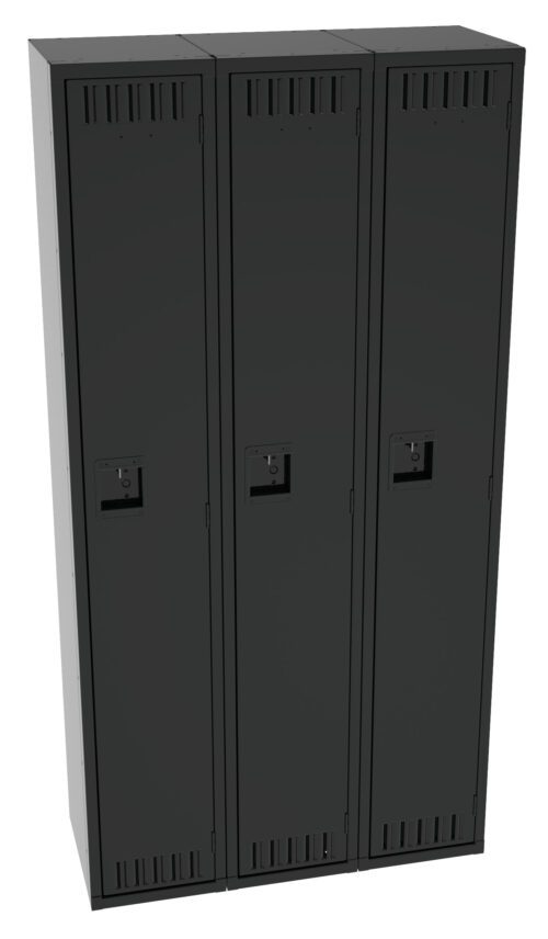 A row of three black metal lockers with vented doors and individual locks, standing on a light surface. Each locker has a rectangular handle with an inset combination lock and vent slots at the top and bottom.