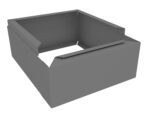 A 3D rendering of a gray, open-top rectangular box with an angular, minimalistic design. The box features slanted and folded sides, creating a seamless appearance. The background is plain white, highlighting the boxs structure.