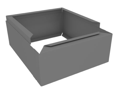 wmrkuedlojm2rg66dke5.jpg A 3D rendering of a gray, open-top rectangular box with an angular, minimalistic design. The box features slanted and folded sides, creating a seamless appearance. The background is plain white, highlighting the boxs structure.