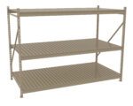 A large metal storage rack with three slatted shelves. The structure is beige and features vertical supports on the sides and diagonal braces for stability. The design is industrial, suitable for warehouses or garages.