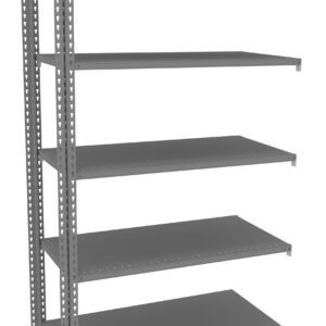 A tall, gray metal shelving unit with six evenly spaced horizontal shelves. The unit is simple in design and appears to be freestanding, suitable for storage or organizational use in various settings.