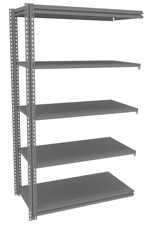 A tall, gray metal shelving unit with six evenly spaced horizontal shelves. The unit is simple in design and appears to be freestanding, suitable for storage or organizational use in various settings.