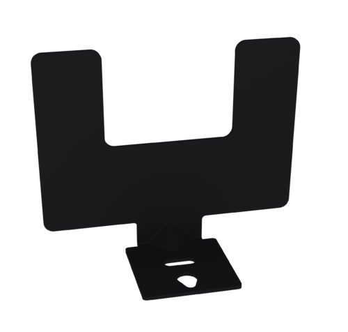 A black, U-shaped card holder made of metal. The holder has a flat base and is designed to hold small cards or signs upright. Its simple, minimalist design makes it suitable for various display needs.