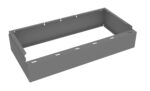 Gray rectangular metal bracket with side flaps and slots on the top and sides. It appears to be designed for mounting or supporting equipment or components.