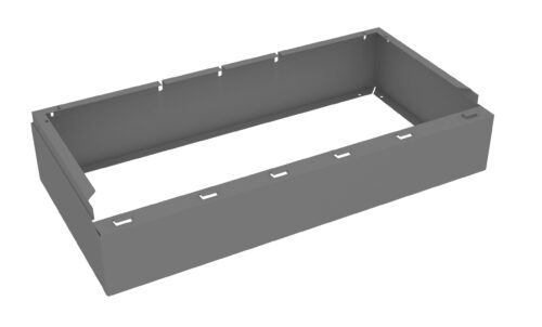 wmzimnwxgajfvwptylek.jpg Gray rectangular metal bracket with side flaps and slots on the top and sides. It appears to be designed for mounting or supporting equipment or components.