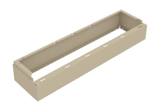 A beige rectangular metal enclosure with cutouts along the top edge, resembling a shallow box without a lid, set against a plain white background.