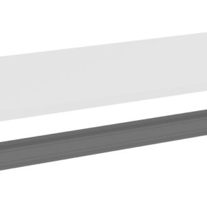 A white, rectangular shelf panel is above, with a long, gray metal support rail below it, shown against a plain white background.