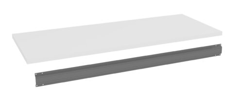 A white, rectangular shelf panel is above, with a long, gray metal support rail below it, shown against a plain white background.