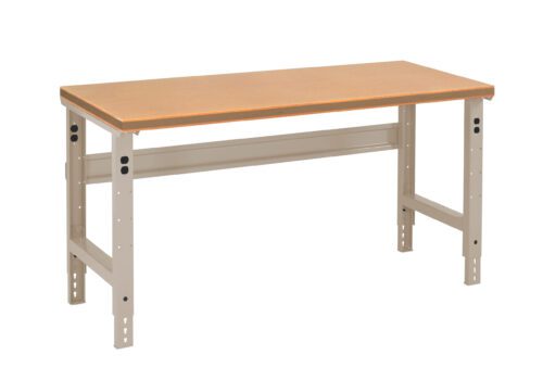 wn6pmgmqbqvzc2ylekta.jpg A sturdy, rectangular workbench with an adjustable metal frame and a smooth wooden top, designed for industrial or workshop use. The legs feature multiple adjustment holes for height flexibility.