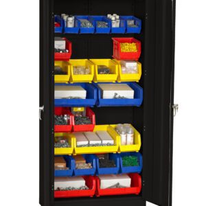 A black metal storage cabinet is open, revealing shelves filled with colorful plastic bins. The bins, in red, blue, and yellow, contain various small items, potentially hardware or office supplies. The cabinet has two doors and is neatly organized.