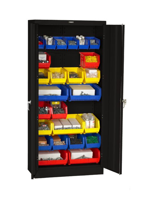 A black metal storage cabinet is open, revealing shelves filled with colorful plastic bins. The bins, in red, blue, and yellow, contain various small items, potentially hardware or office supplies. The cabinet has two doors and is neatly organized.