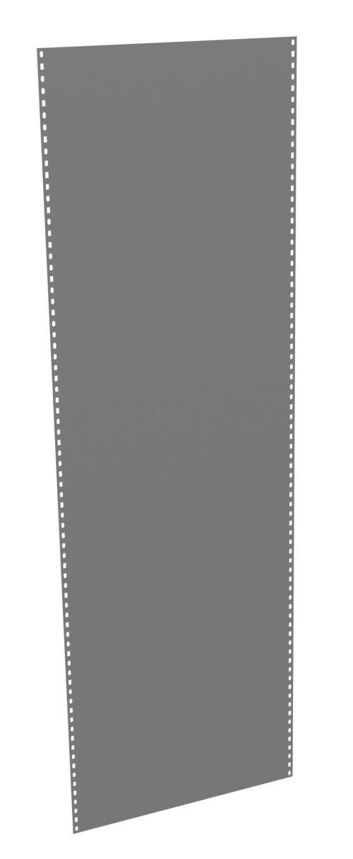 A gray, rectangular sheet with small round holes evenly spaced along both vertical edges, resembling a computer punch card or a perforated sheet.