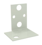 A light green metal bracket with an L-shape design featuring five circular holes of varying sizes. The vertical part has three holes, and the horizontal part has two holes, allowing for versatile mounting options.