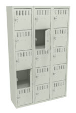 A light gray metal locker unit with three columns and five rows. The unit features small ventilated locker doors, some of which are open, revealing empty compartments inside.