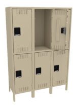 A beige metal locker with six compartments in two vertical rows. The top middle door is open, showing the empty interior. Each compartment has a black handle and vents for airflow.