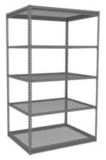 A large, empty metal shelving unit with five perforated shelves, shown from an angle. The shelves are supported by four vertical metal posts with adjustable brackets, indicating flexibility in shelf placement.