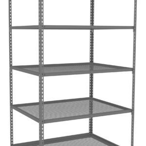 A large, empty metal shelving unit with five perforated shelves, shown from an angle. The shelves are supported by four vertical metal posts with adjustable brackets, indicating flexibility in shelf placement.