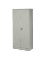 A tall, gray metal storage cabinet with two closed doors and a round handle, standing upright on a white background.