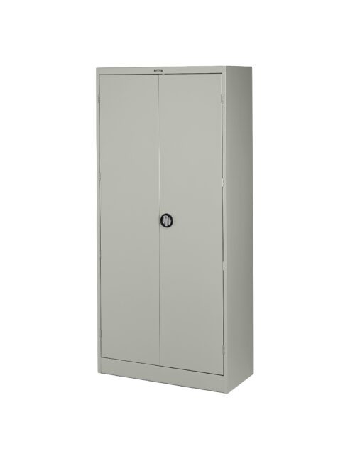 A tall, gray metal storage cabinet with two closed doors and a round handle, standing upright on a white background.