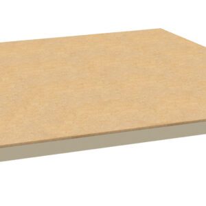 A light brown wooden platform with a beige metal frame, viewed from a low angle. The platform is rectangular and appears to be a shelf or a panel with a smooth surface.